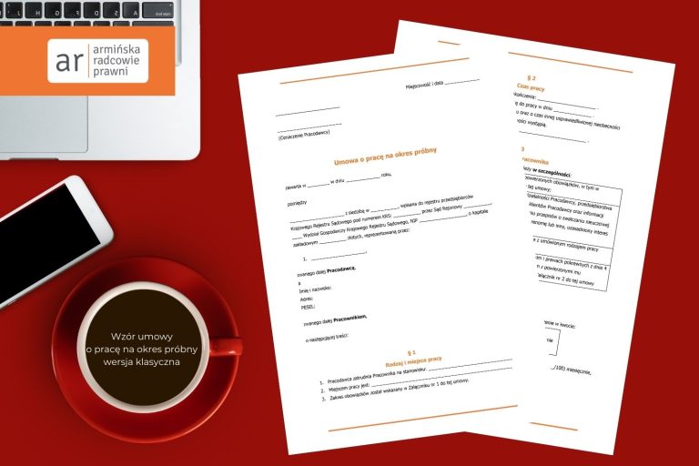 dwie wydrukowane kartki umowy o pracę na okres próbny leżą na czerwonym biurku