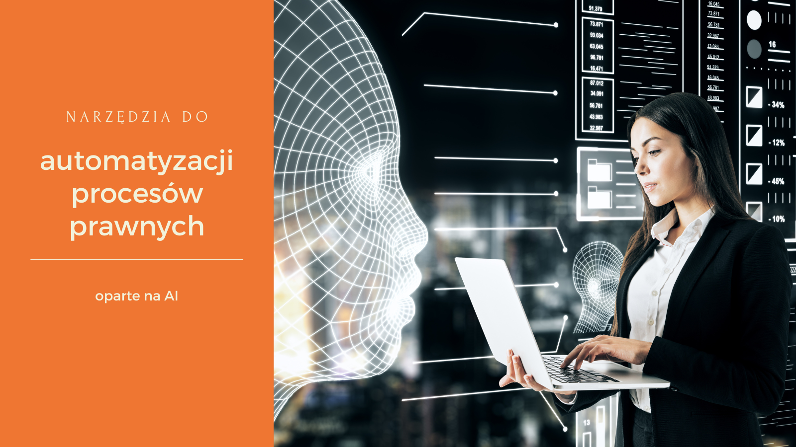 kobieta z laptopem naprzeciwko głowy AI