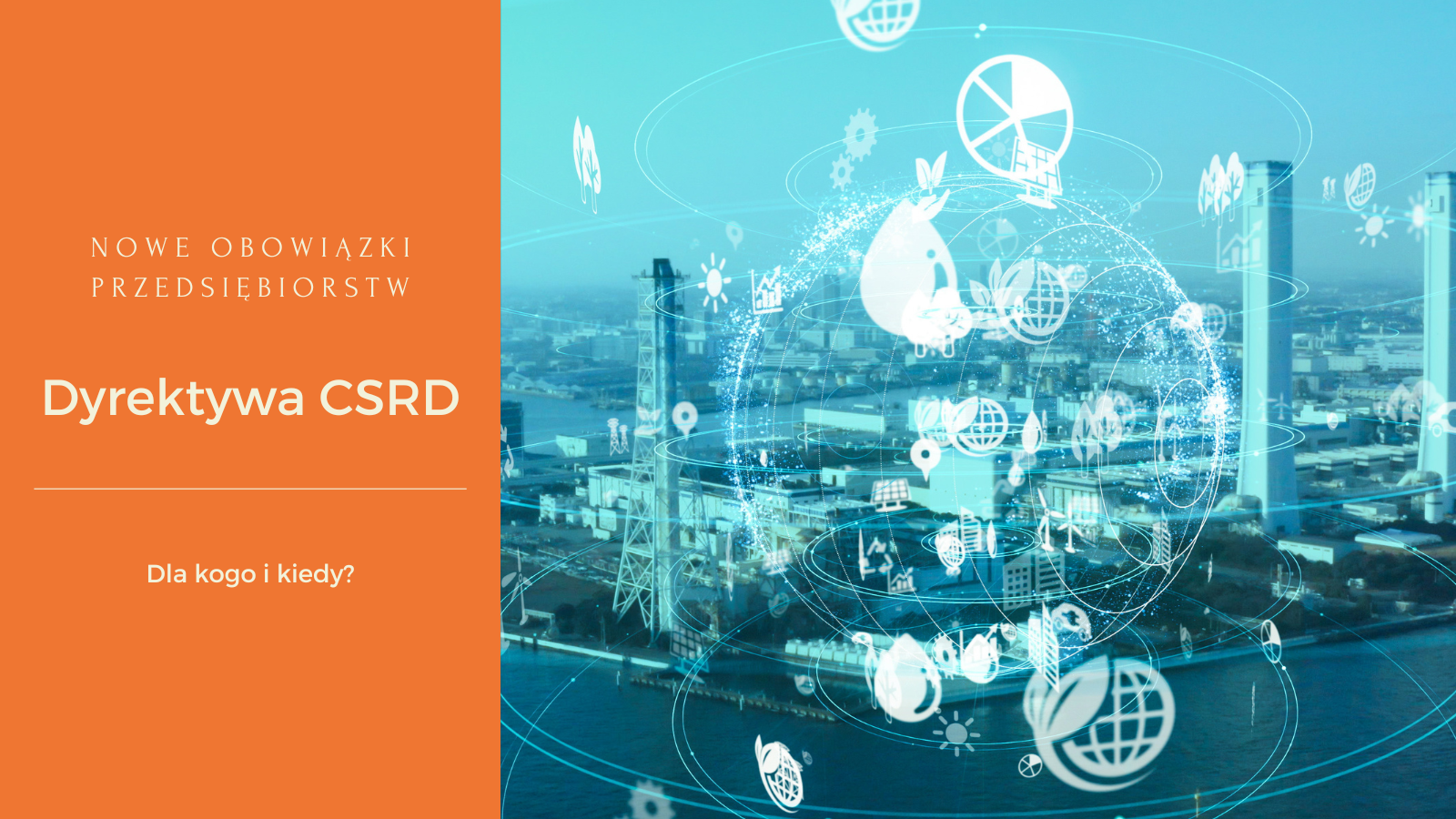 znaki ESG na tle miasta z wieżami i masztami zrównoważony rozwój okładka